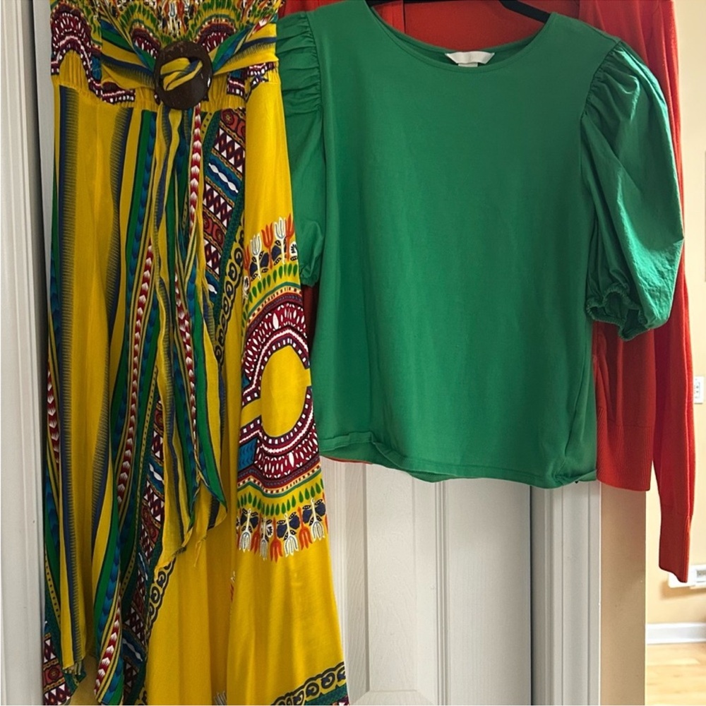 3 pieces Boho : flowing skirt .  green cotton top
and orange sweater . Like new